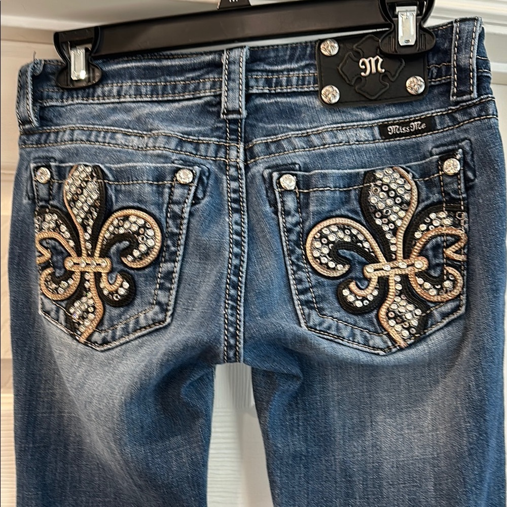Miss Me Women's Blue Boot Cut Jeans with Embellished Fleur-de-Lis